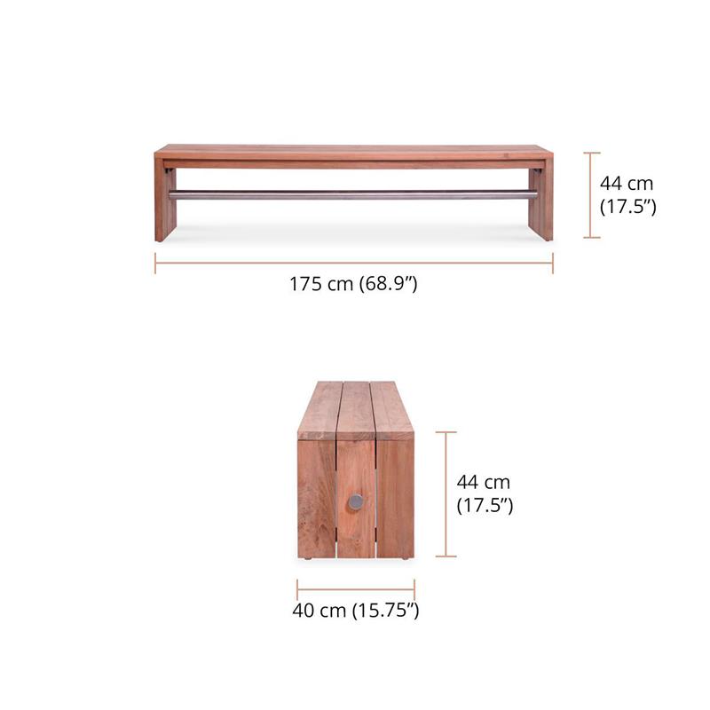 Clio Gartenbank ohne Rückenlehne 175 cm Recycling Teak gebürstet und Edelstahl