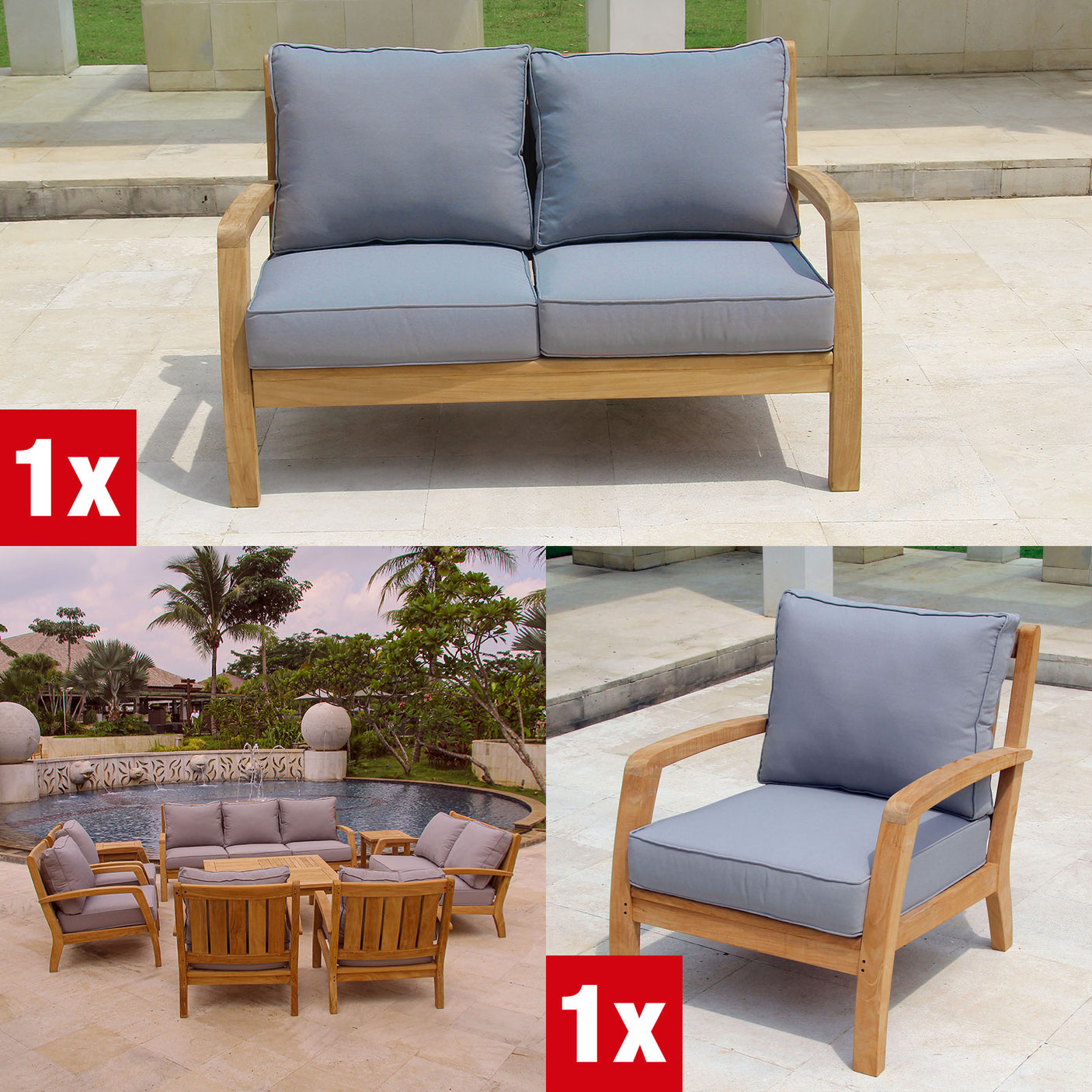 Ensemble de salon Corona composé de 1x fauteuil et 1x canapé 2 places avec coussins en Nagata