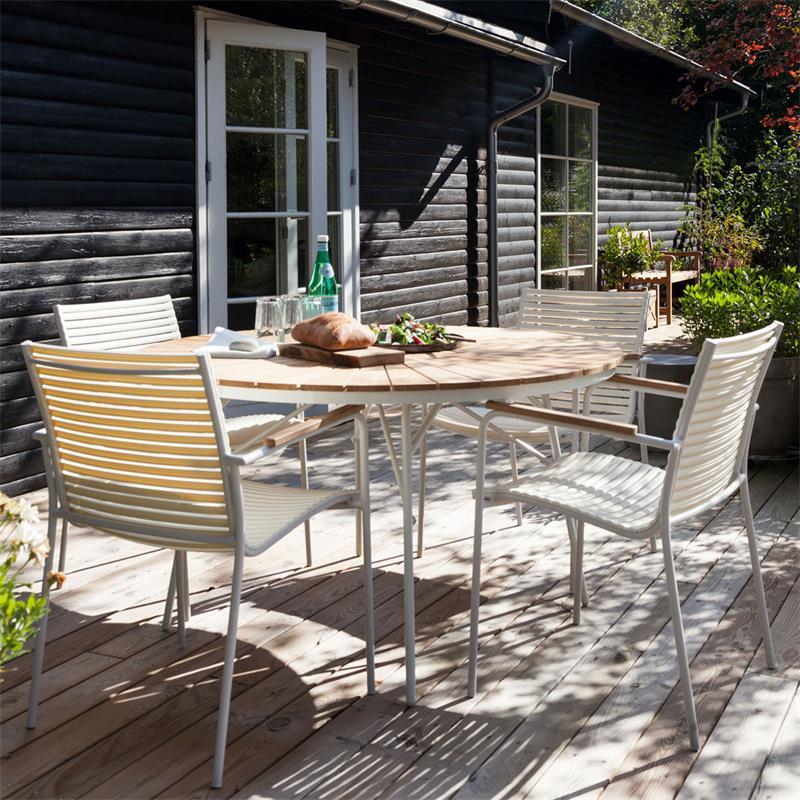 Ellen Tisch 130cm rund weiß Aluminium pulverbeschichtet mit Teaktischplatte