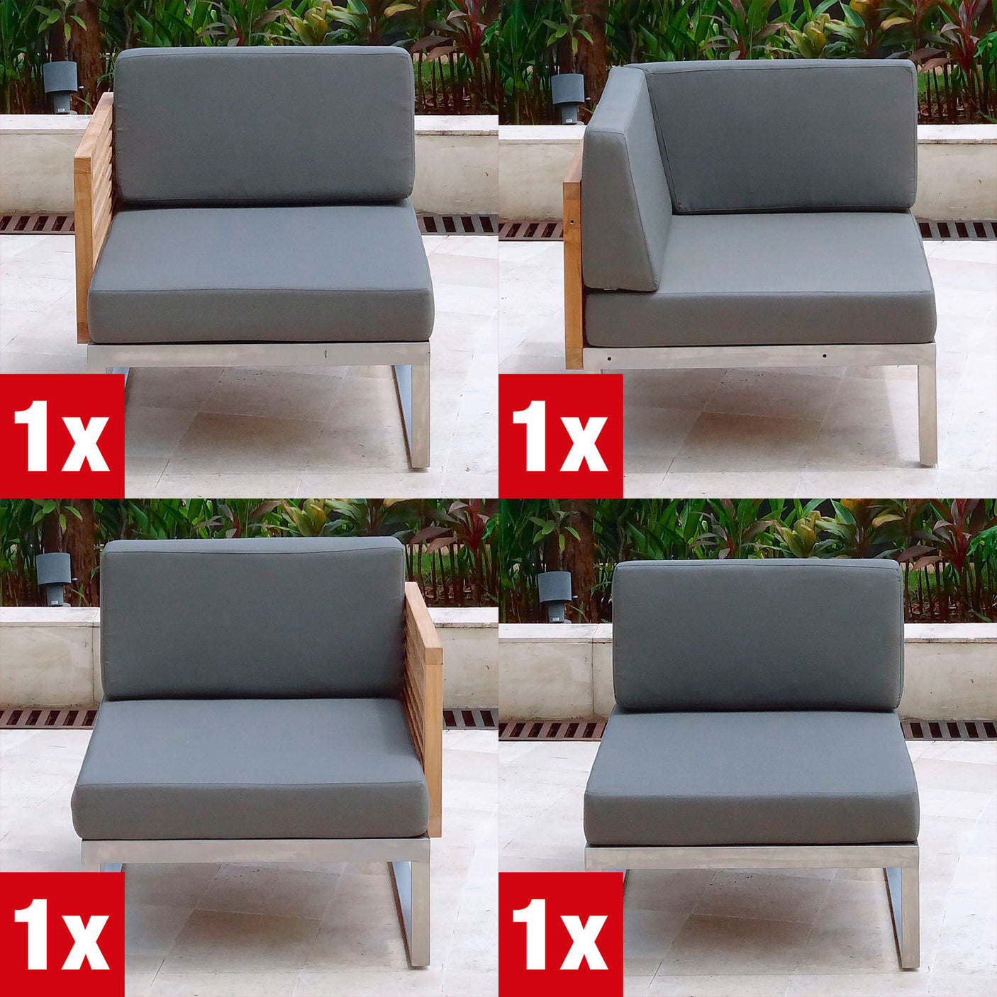 Tessin Lounge Set bestehend aus: 1 x Seitenmodul rechts, 1 x Eckmodul, 1 x Mittelmodul, 1 x Seitenmodul links , 1 x Tessin Einsitzer alle mit Polster in Sunproof und 1x Ottomane ohne Polster