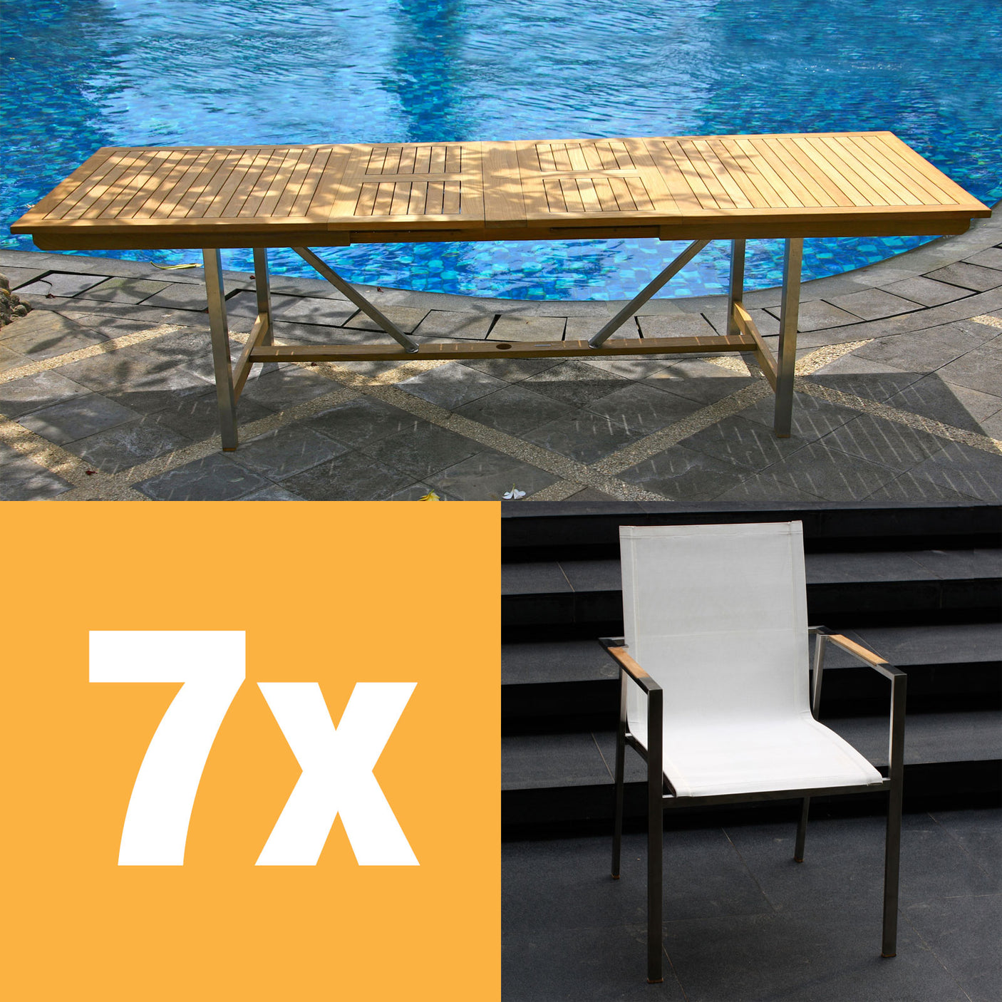 Alzette Ausziehtisch-Set 280 bestehend aus Moselle Ausziehtisch 280/235/190 x 100 Teak mit Edelstahlgestell und Alzette Stapelstühlen Teak mit Batyline Bespannung