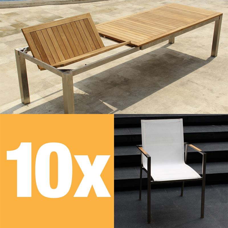 Ensemble de table à rallonge frontale Alzette 310 composé d'une table à rallonge frontale Florence 310/210 x 100 en teck avec structure en inox et de chaises empilables Alzette en inox avec revêtement Batyline