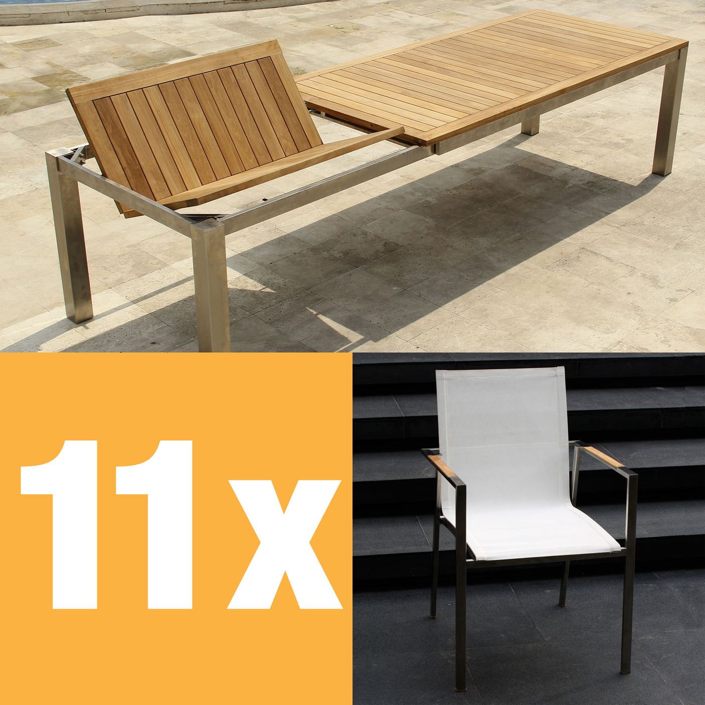 Ensemble de table à rallonge frontale Alzette 310 composé d'une table à rallonge frontale Florence 310/210 x 100 en teck avec structure en inox et de chaises empilables Alzette en inox avec revêtement Batyline