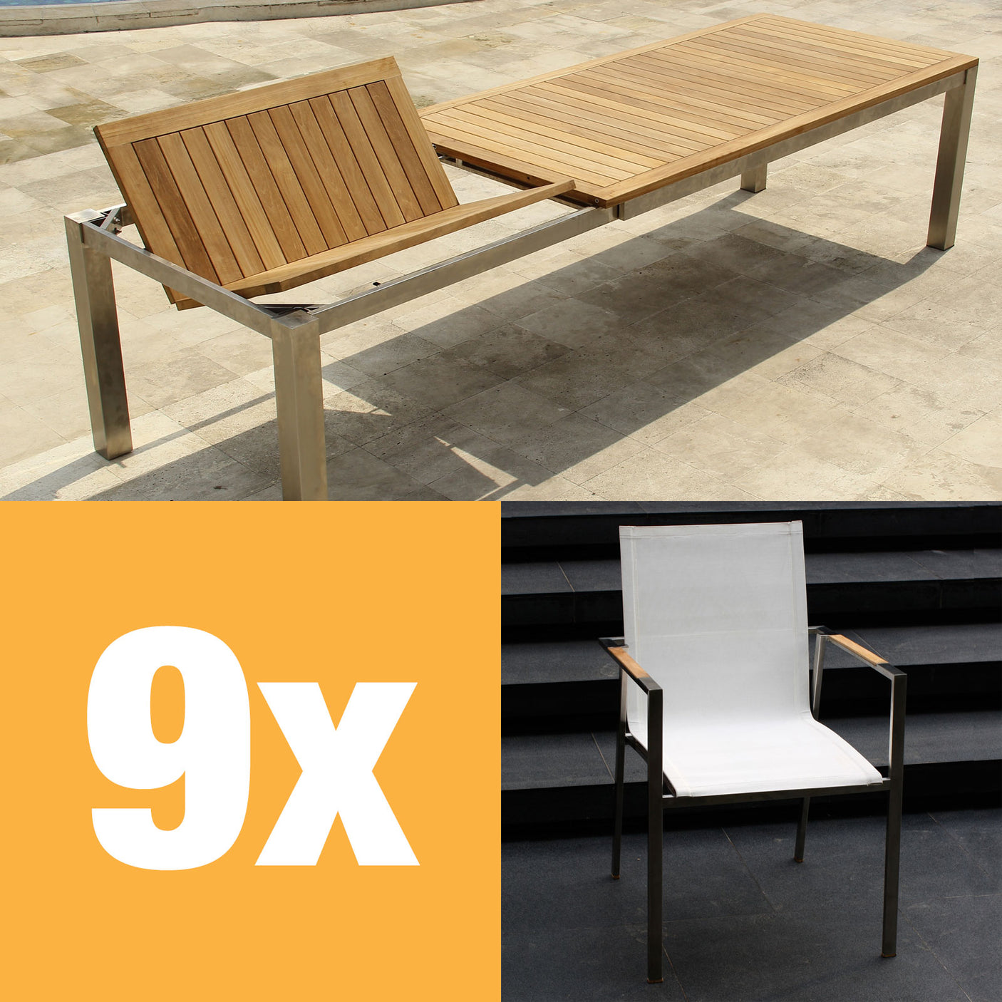 Ensemble de table à rallonge frontale Alzette 310 composé d'une table à rallonge frontale Florence 310/210 x 100 en teck avec structure en inox et de chaises empilables Alzette en inox avec revêtement Batyline