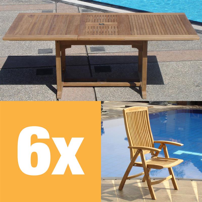 Comforteck Set 205 bestehend aus Comforteck Ausziehtisch 205/155 x 95 und Comforteck Hochlehner Teak Grade A mit Edelstahlbeschlägen