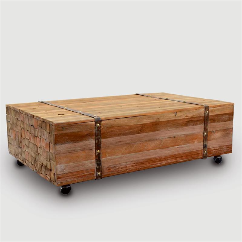 Teak table Reng "Eiserner Gustav" made of solid natural teak strips with wheels