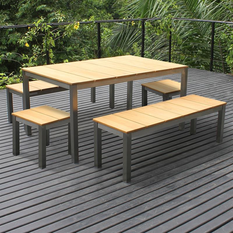 Fides Bank Set 150/2/2 bestehend aus Fides Esstisch 150 x 100 und 2 Fides Gartenbänke ohne Rückenlehne 130 x 45 mit 2 Fides Hockern/Beistelltischen 45 x 45 Teak mit Edelstahlgestell