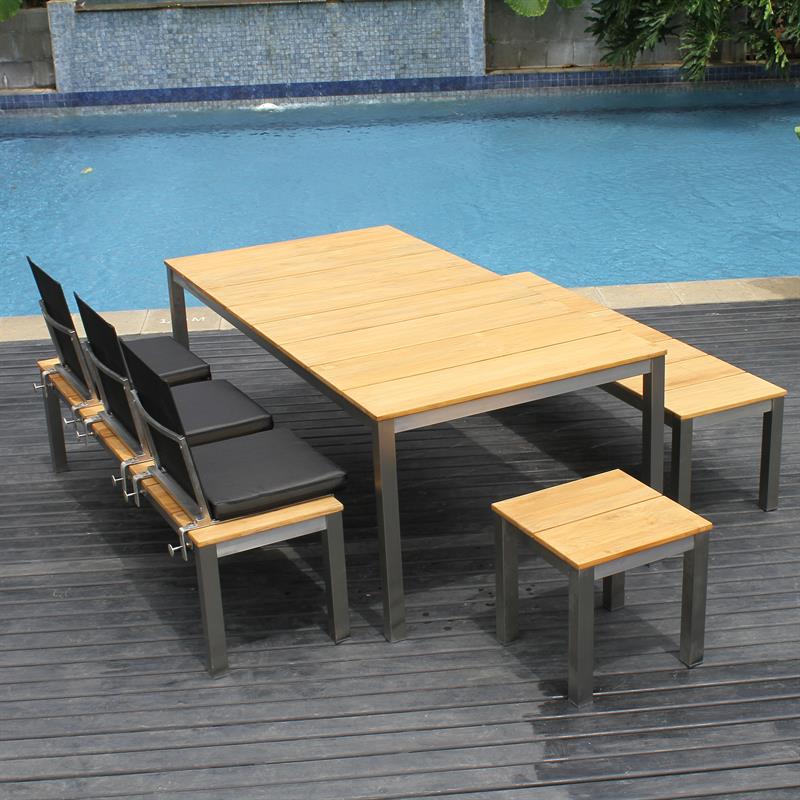 Fides Bank Set 200/2/2 Teak Grade A mit Edelstahlgestell bestehend aus Fides Esstisch 200 x 100 und 2 Fides Gartenbänke ohne Rückenlehne 180 x 45 mit 2 Fides Hockern/Beistelltischen 45 x 45