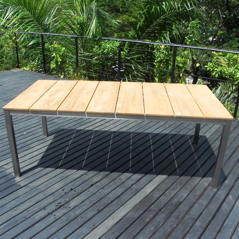Fides Bank Set 200/2/2 Teak Grade A mit Edelstahlgestell bestehend aus Fides Esstisch 200 x 100 und 2 Fides Gartenbänke ohne Rückenlehne 180 x 45 mit 2 Fides Hockern/Beistelltischen 45 x 45