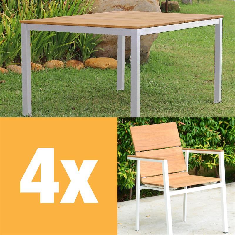 Fides Color Stapelstuhl Set 150 Teak Grade A mit Aluminiumgestell bestehend aus Fides Color Tisch 150 x 100 und Fides Color Stapelstühlen