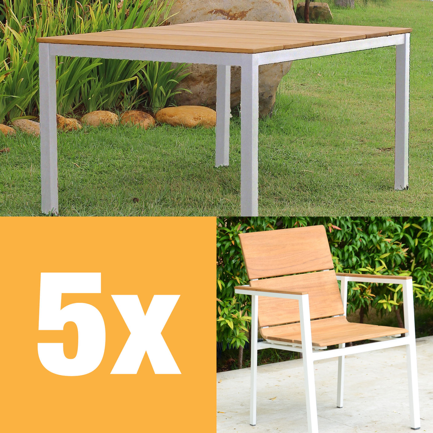 Fides Color Stapelstuhl Set 150 Teak Grade A mit Aluminiumgestell bestehend aus Fides Color Tisch 150 x 100 und Fides Color Stapelstühlen