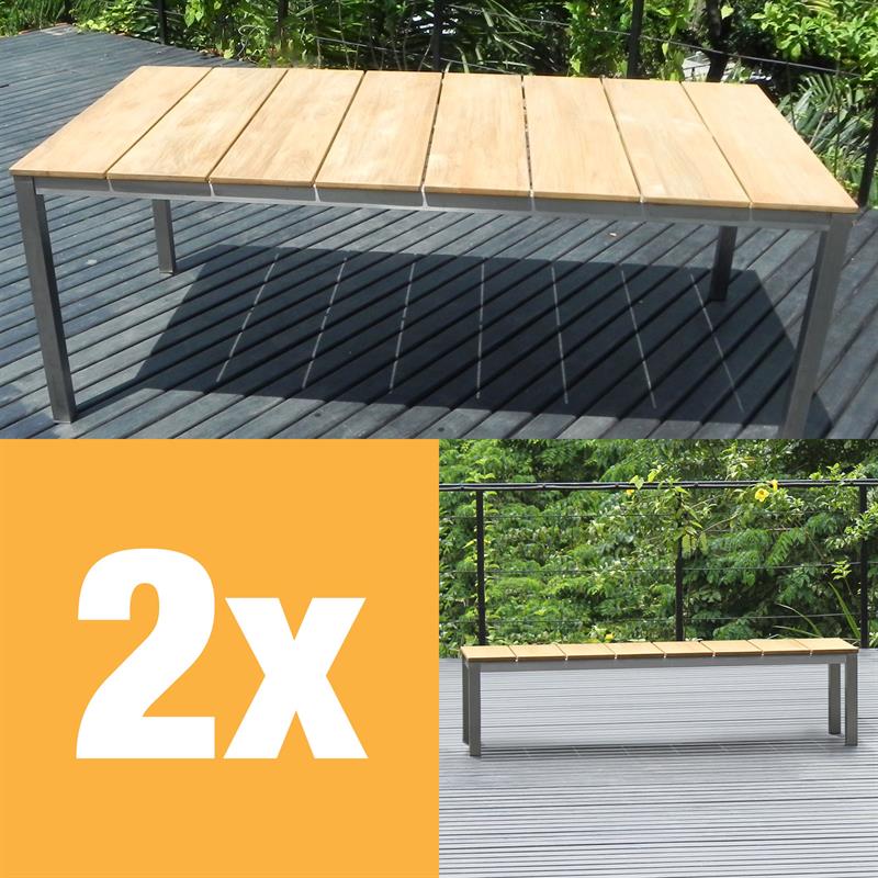 Fides Bank Set 200/2 Teak Grade A mit Edelstahl bestehend aus Fides Esstisch 200 x 100 und 2x Fides Bänke 180 ohne Rückenlehne