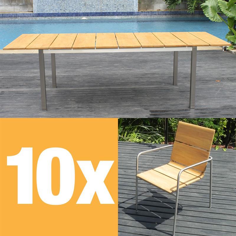 Fides Stapelstuhl Set 250 bestehend aus Fides Ausziehtisch 250/175 x 100 und Fides Stapelstühlen Teak Grade A mit Edelstahl