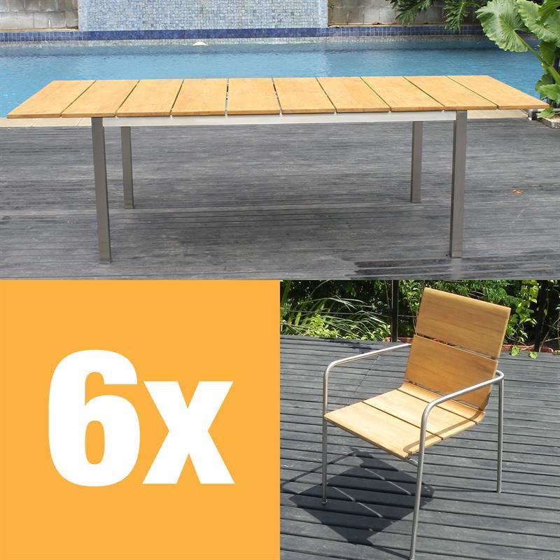 Fides Stapelstuhl Set 250 bestehend aus Fides Ausziehtisch 250/175 x 100 und Fides Stapelstühlen Teak Grade A mit Edelstahl