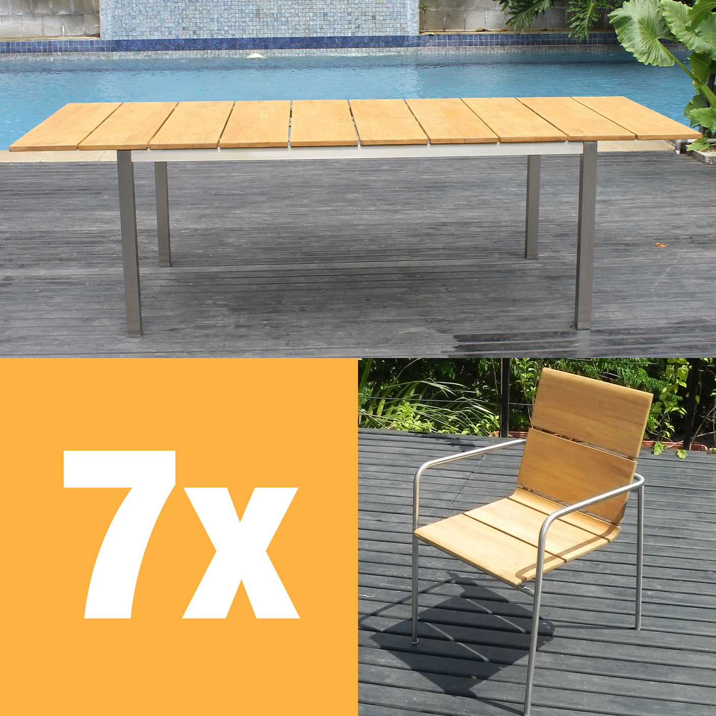 Fides Stapelstuhl Set 250 bestehend aus Fides Ausziehtisch 250/175 x 100 und Fides Stapelstühlen Teak Grade A mit Edelstahl