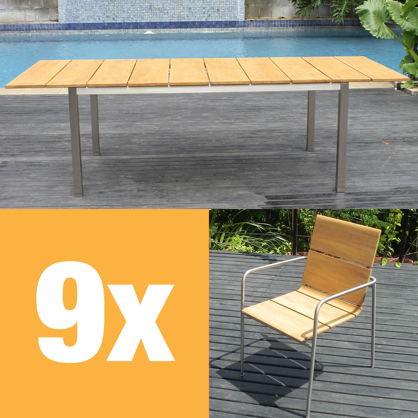 Fides Stapelstuhl Set 250 bestehend aus Fides Ausziehtisch 250/175 x 100 und Fides Stapelstühlen Teak Grade A mit Edelstahl