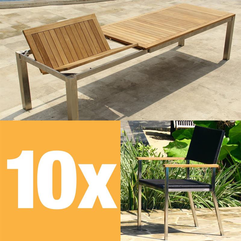 Florence Frontausziehtisch Set 310 bestehend aus Florence Frontausziehtisch 310/210 x 100 mit Edelstahlgestell und Florence Stapelstühlen Geflecht mit Edelstahl und Teak