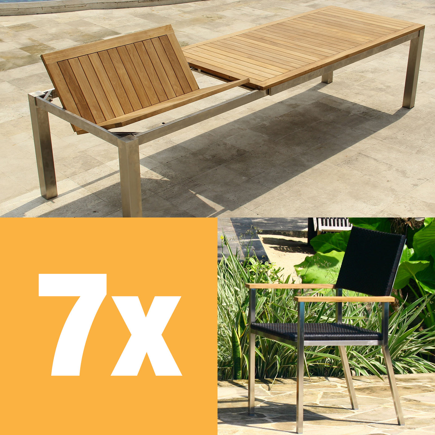 Florence Frontausziehtisch Set 310 bestehend aus Florence Frontausziehtisch 310/210 x 100 mit Edelstahlgestell und Florence Stapelstühlen Geflecht mit Edelstahl und Teak