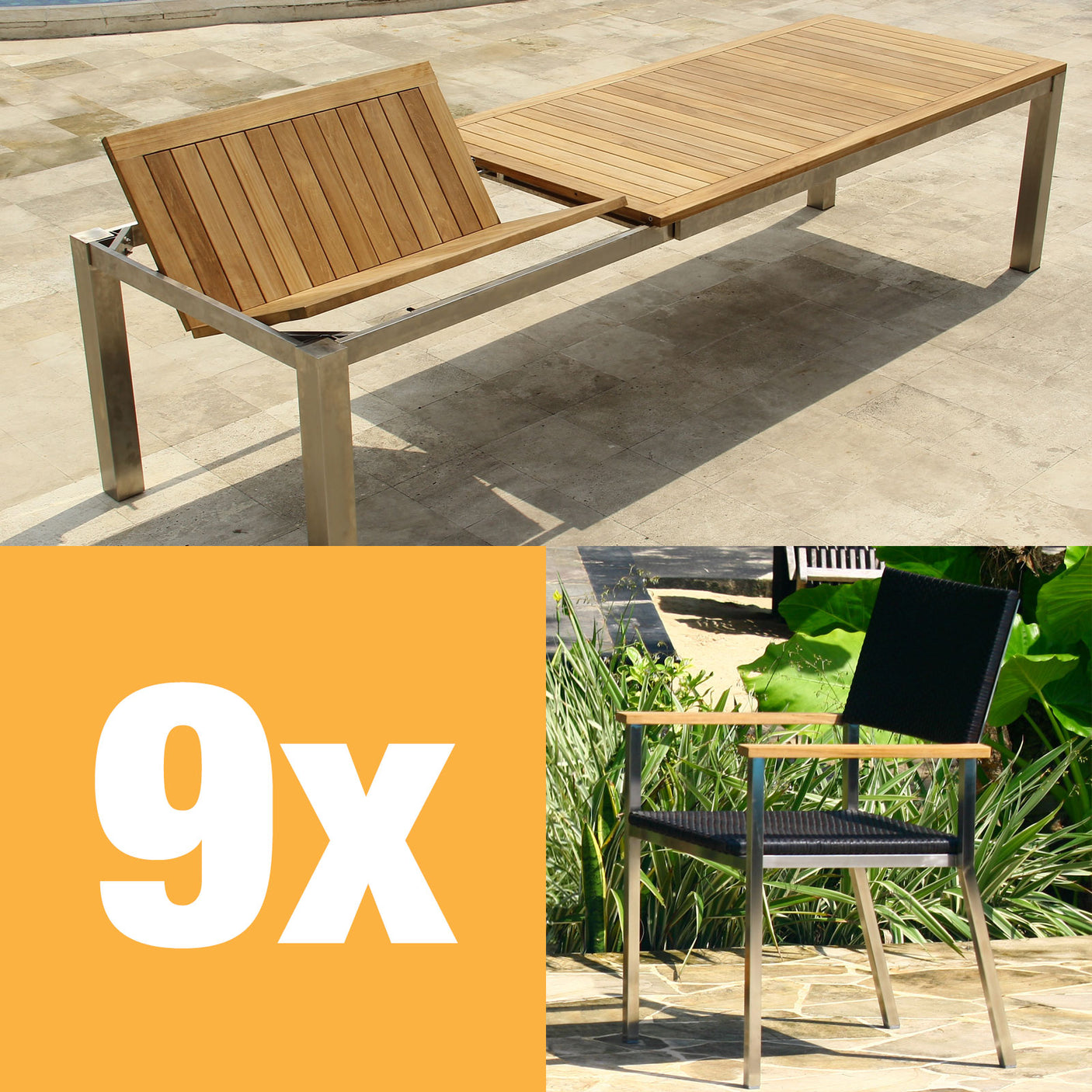 Florence Frontausziehtisch Set 310 bestehend aus Florence Frontausziehtisch 310/210 x 100 mit Edelstahlgestell und Florence Stapelstühlen Geflecht mit Edelstahl und Teak