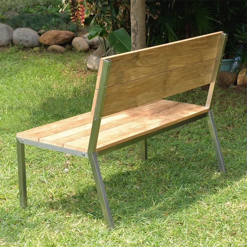 Makan garden bench with backrest 122 brushed teak with stainless steel frame 122x63x90 cm