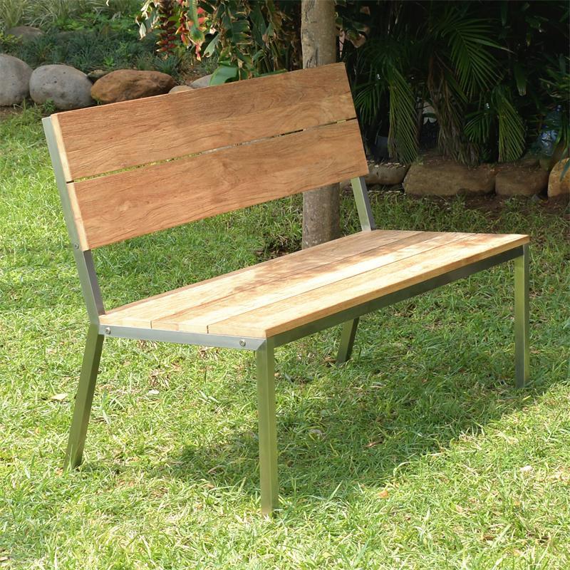 Makan garden bench with backrest 122 brushed teak with stainless steel frame 122x63x90 cm