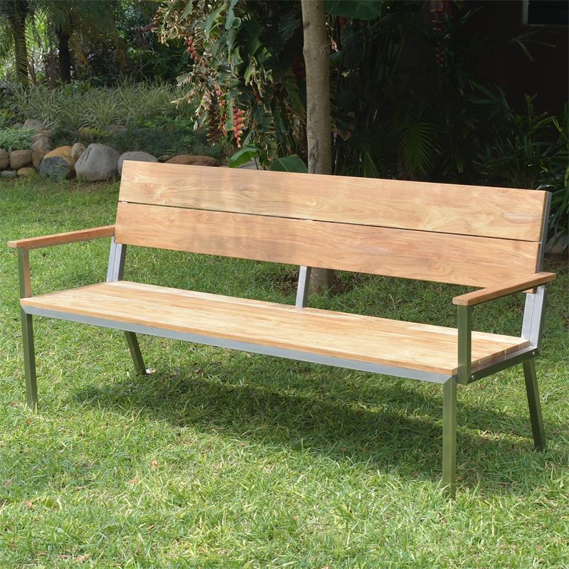 Makan Gartenbank mit Rücken- und Armlehne 192 Teak gebürstet mit Edelstahlgestell 192x63x90 cm