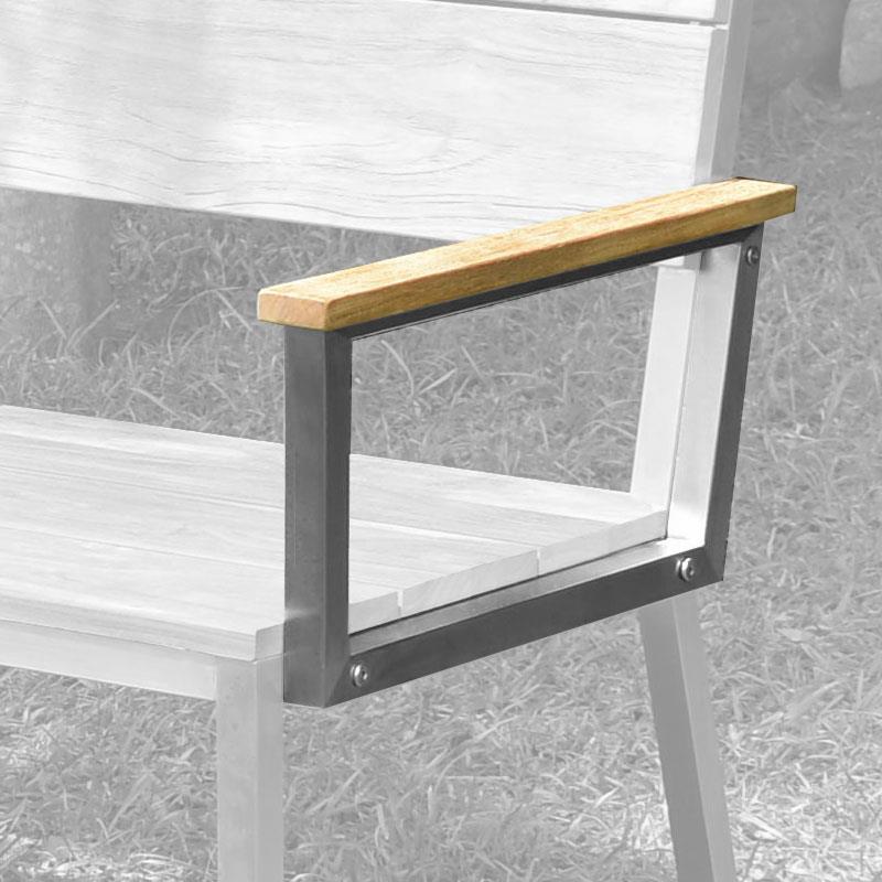 Accoudoir Makan gauche pour table à manger, chaises et bancs en teck brossé avec structure en acier inoxydable