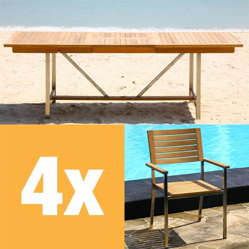 Moselle Ausziehtisch-Set 220 bestehend aus Moselle Ausziehtisch 220/160 x 100 und Moselle Stapelstühlen aus Teak mit Edelstahl