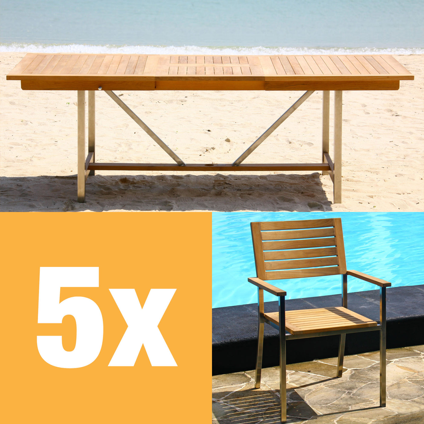 Moselle Ausziehtisch-Set 220 bestehend aus Moselle Ausziehtisch 220/160 x 100 und Moselle Stapelstühlen aus Teak mit Edelstahl