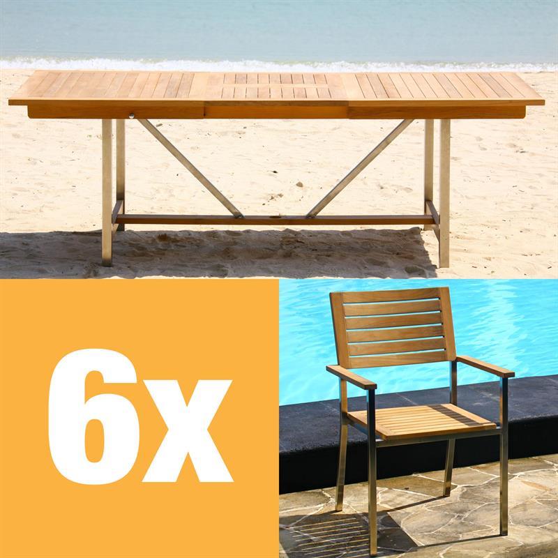 Moselle Ausziehtisch-Set 220 bestehend aus Moselle Ausziehtisch 220/160 x 100 und Moselle Stapelstühlen aus Teak mit Edelstahl