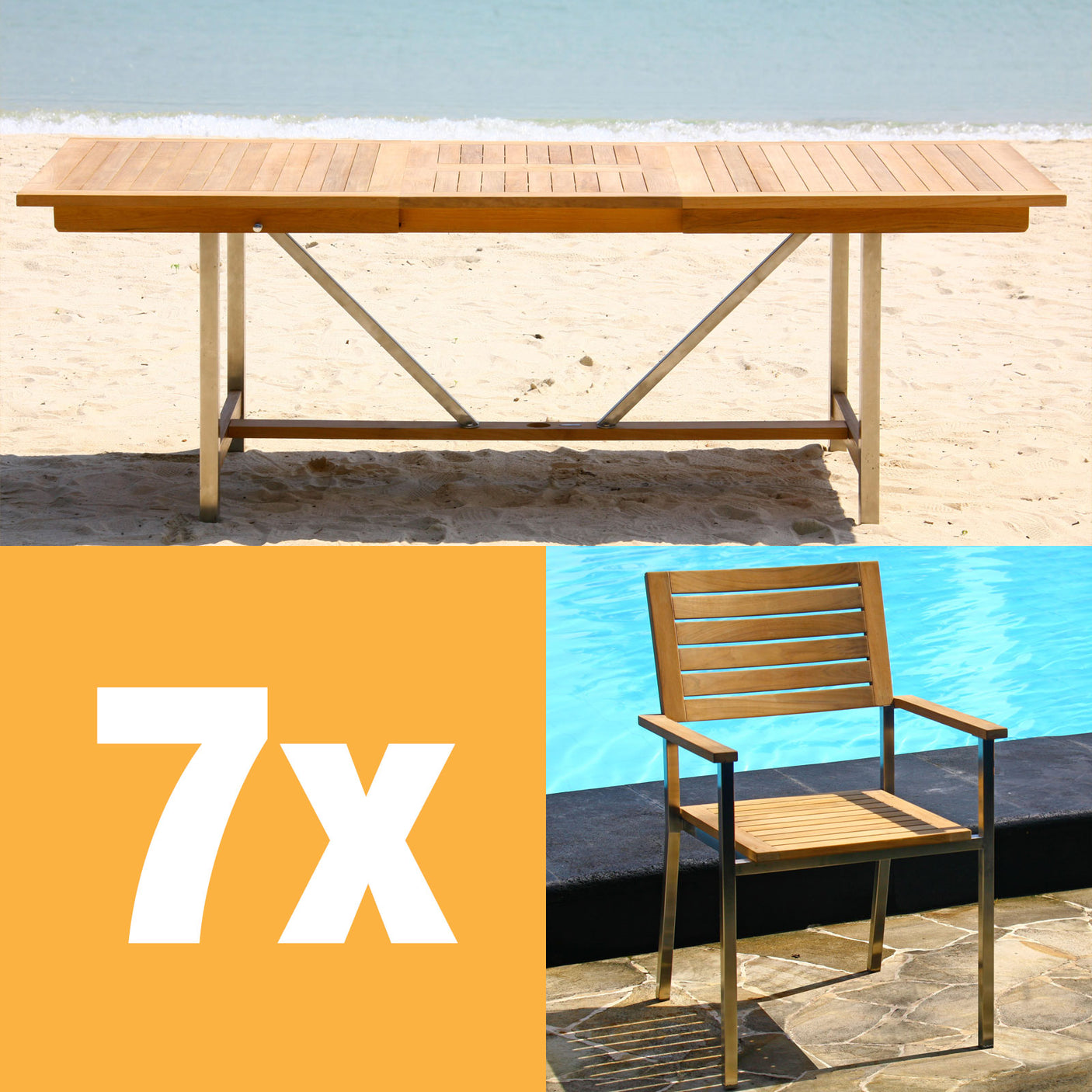 Moselle Ausziehtisch-Set 220 bestehend aus Moselle Ausziehtisch 220/160 x 100 und Moselle Stapelstühlen aus Teak mit Edelstahl
