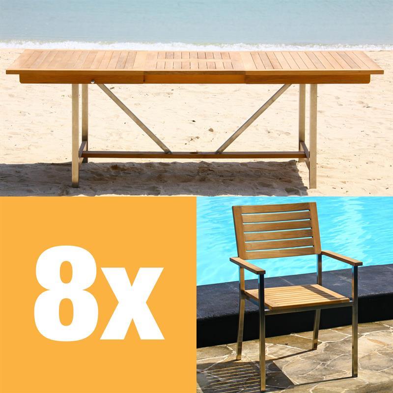 Moselle Ausziehtisch-Set 220 bestehend aus Moselle Ausziehtisch 220/160 x 100 und Moselle Stapelstühlen aus Teak mit Edelstahl