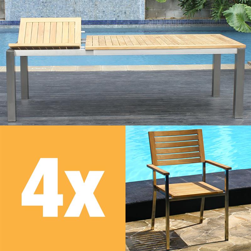 Moselle Frontausziehtisch Set 230 bestehend aus Florence Frontausziehtisch 230/160 x 100 x 77 cm Teak mit Edelstahlgestell und Moselle Stapelstuhl Teak mit Edelstahl