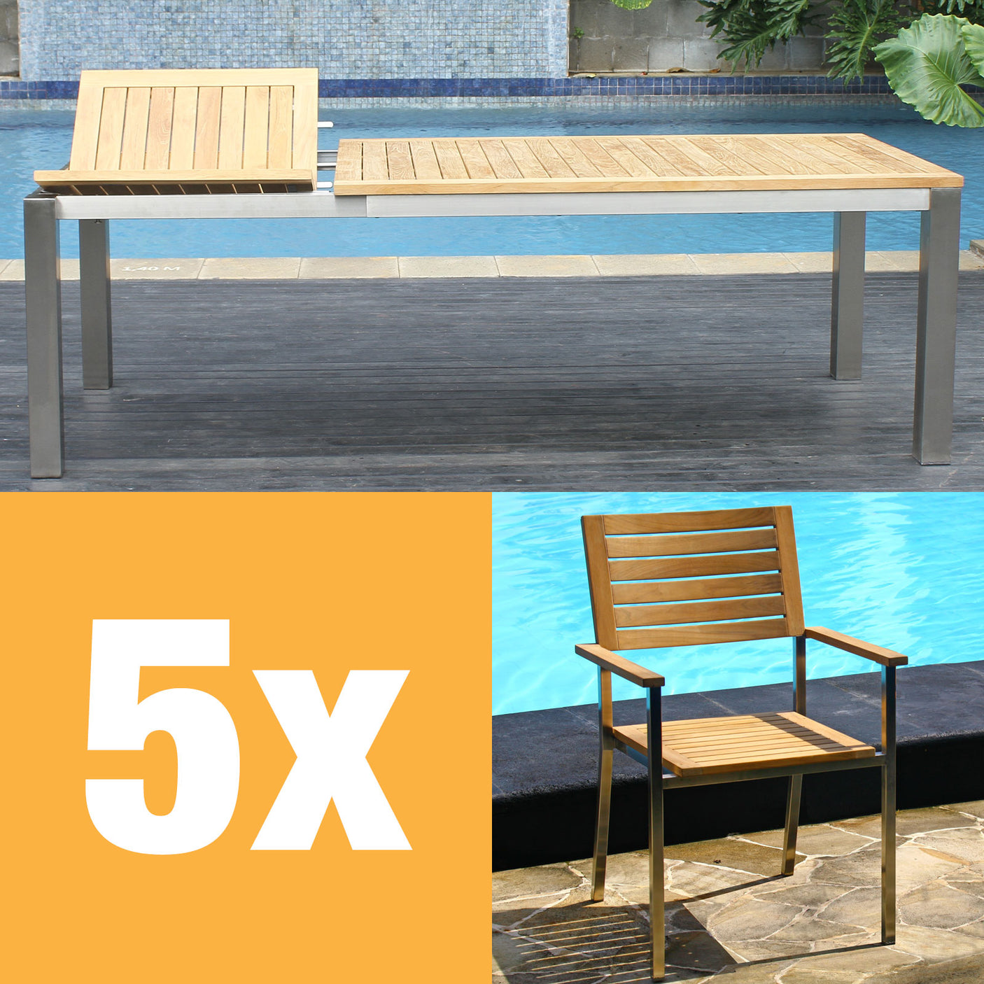 Moselle Frontausziehtisch Set 230 bestehend aus Florence Frontausziehtisch 230/160 x 100 x 77 cm Teak mit Edelstahlgestell und Moselle Stapelstuhl Teak mit Edelstahl