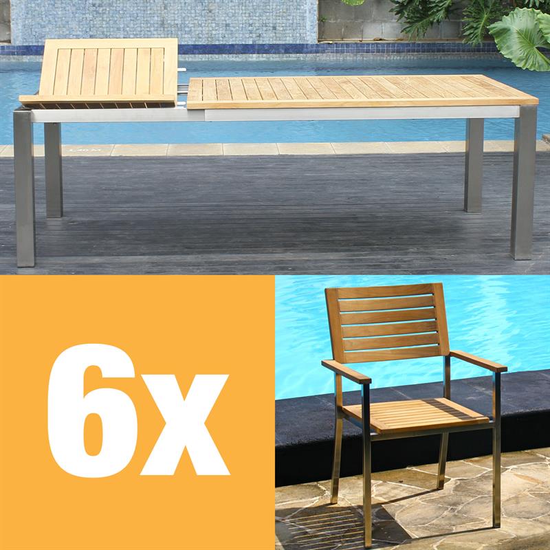Moselle Frontausziehtisch Set 230 bestehend aus Florence Frontausziehtisch 230/160 x 100 x 77 cm Teak mit Edelstahlgestell und Moselle Stapelstuhl Teak mit Edelstahl