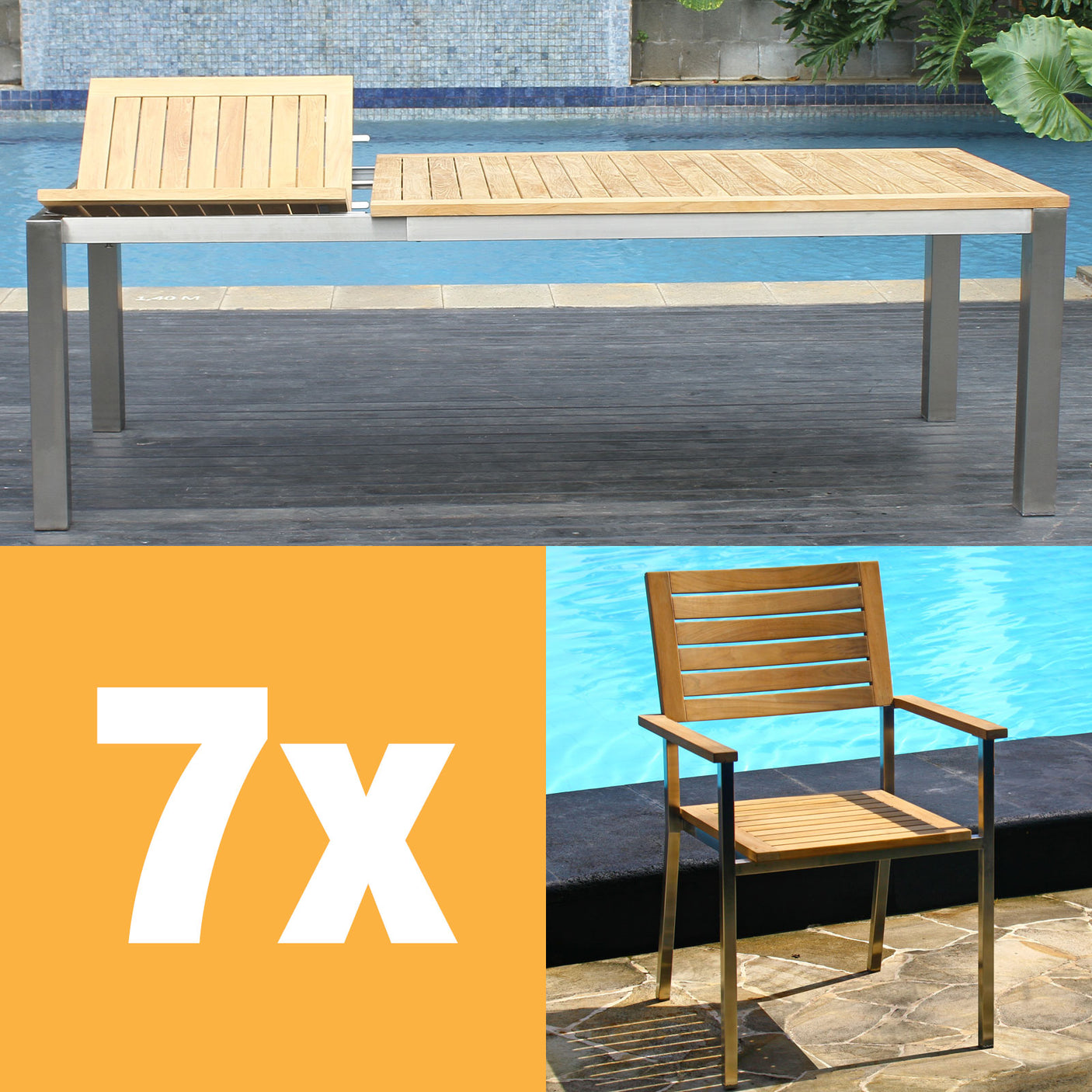 Moselle Frontausziehtisch Set 230 bestehend aus Florence Frontausziehtisch 230/160 x 100 x 77 cm Teak mit Edelstahlgestell und Moselle Stapelstuhl Teak mit Edelstahl