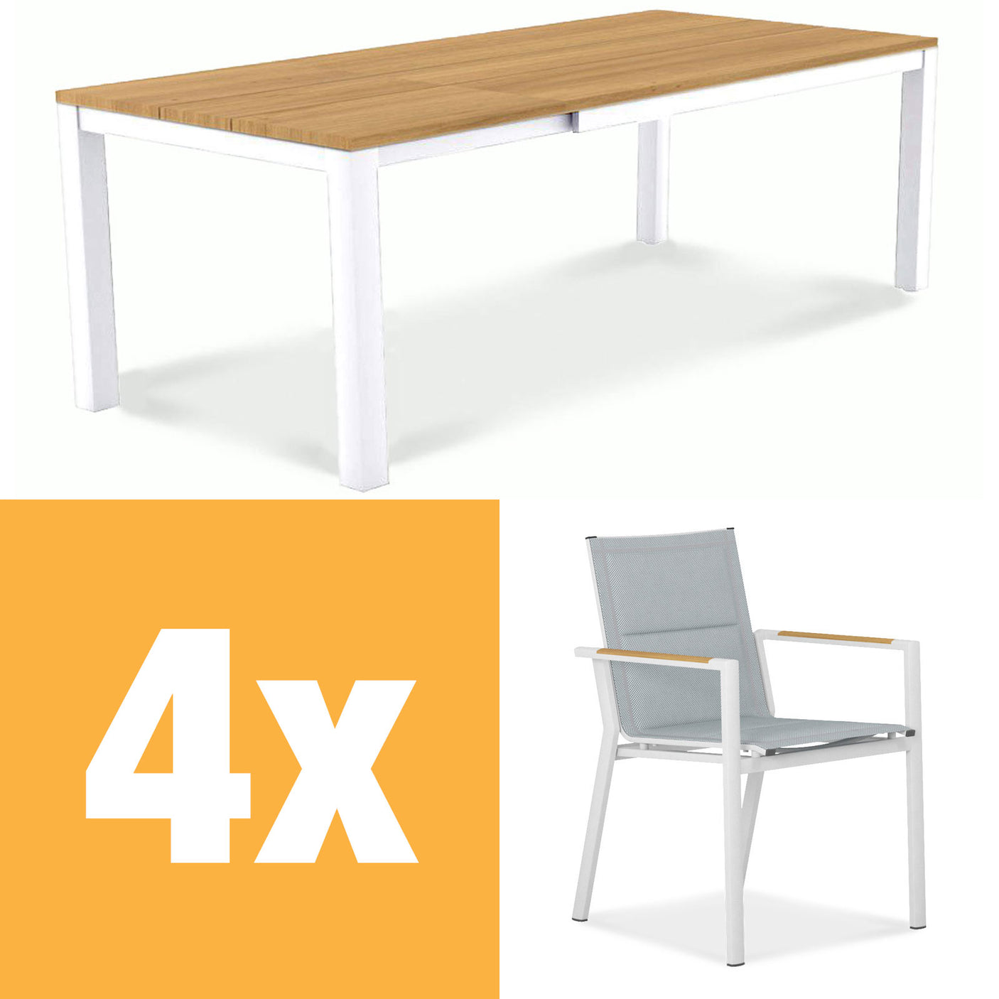 Planka Alu-Frontausziehtisch 230 Set bestehend aus Planka Alu-Frontausziehtisch 230/160 x 100 Teak Grade A gebürstet mit Aluminiumgestell und Gazelig Stapelstühlen aus Aluminium und Batyline