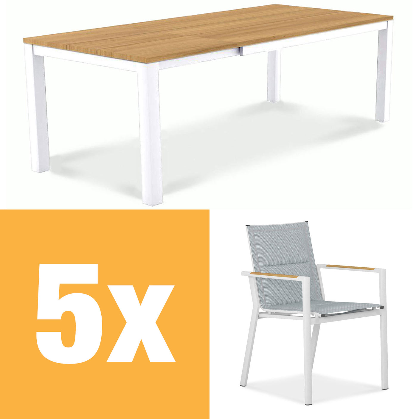 Planka Alu-Frontausziehtisch 230 Set bestehend aus Planka Alu-Frontausziehtisch 230/160 x 100 Teak Grade A gebürstet mit Aluminiumgestell und Gazelig Stapelstühlen aus Aluminium und Batyline