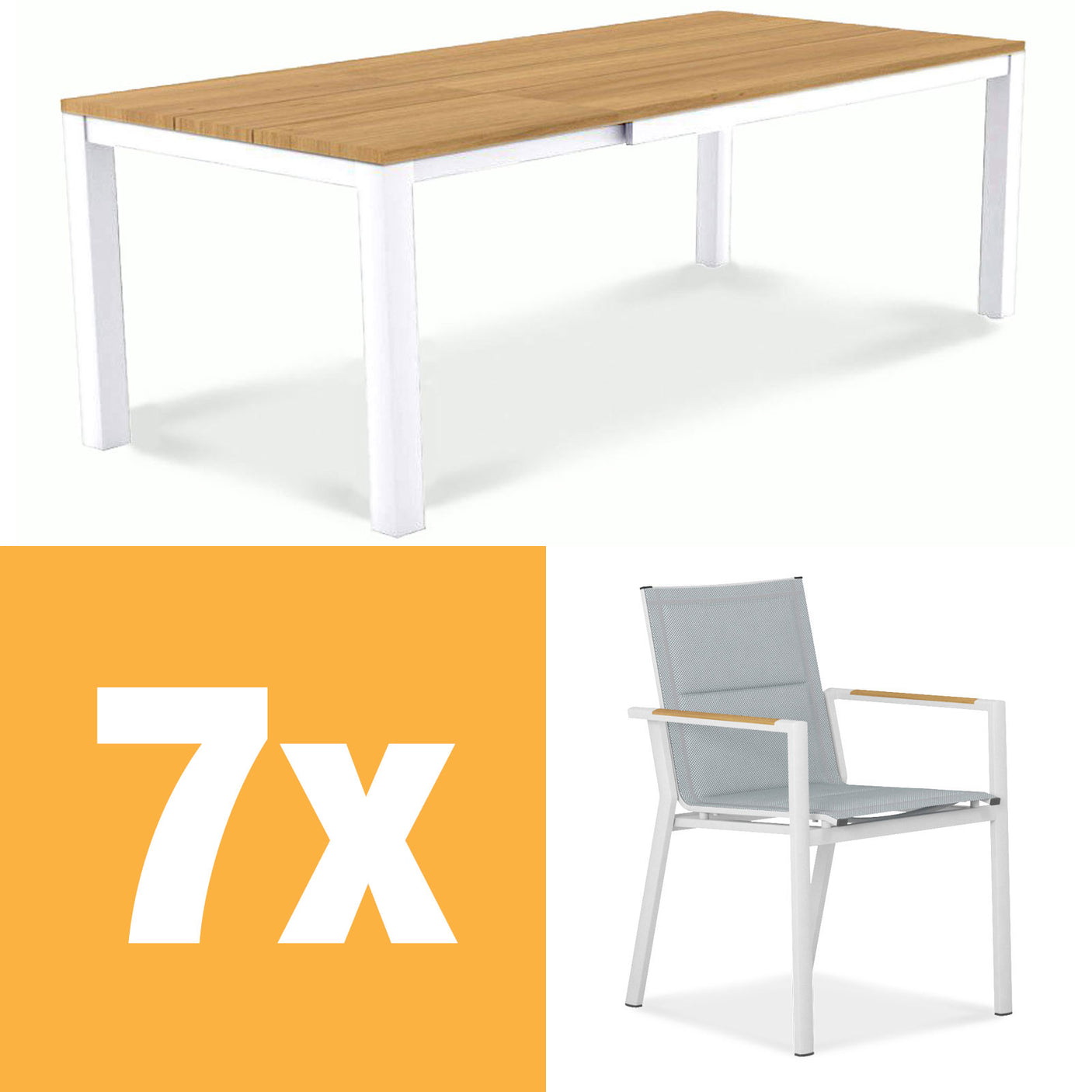 Planka Alu-Frontausziehtisch 230 Set bestehend aus Planka Alu-Frontausziehtisch 230/160 x 100 Teak Grade A gebürstet mit Aluminiumgestell und Gazelig Stapelstühlen aus Aluminium und Batyline