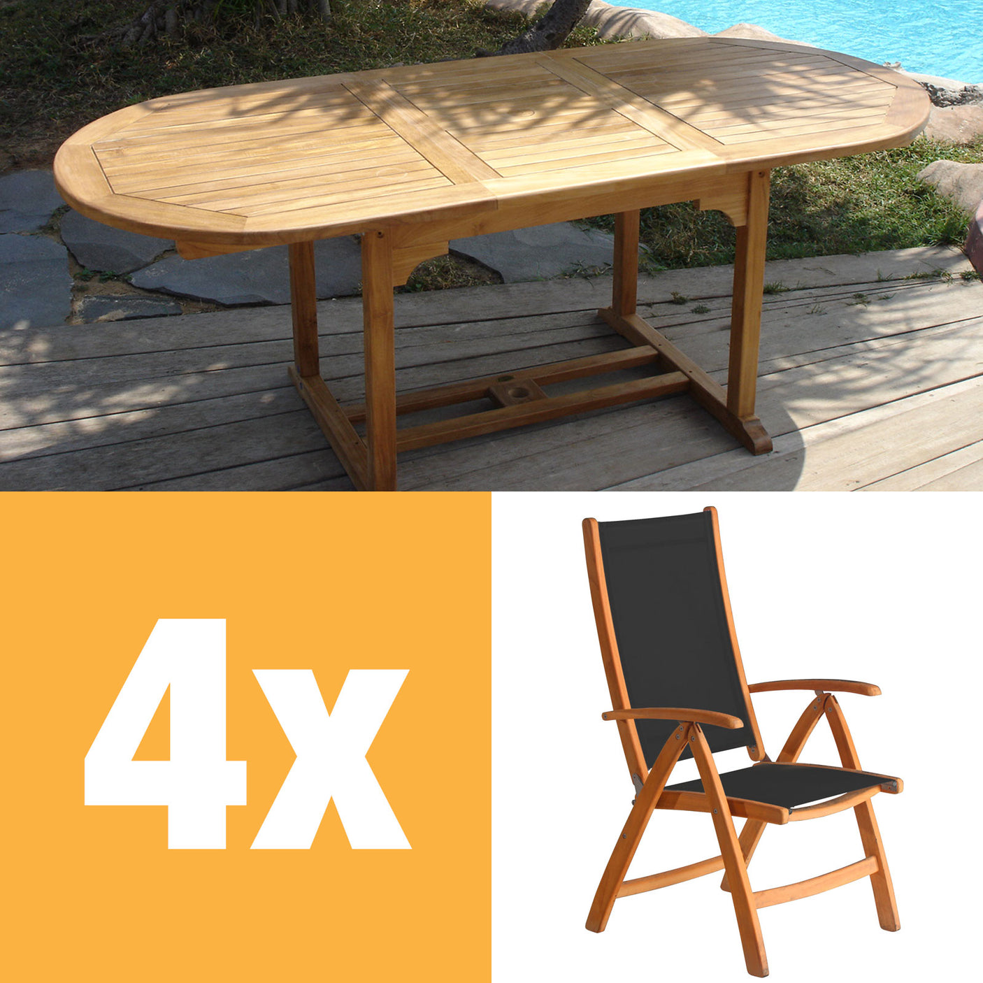 Rivera high-back chair set 240 consisting of Denver extendable table 240/180 x 100 and Rivera high-back chairs teak with Batyline and stainless steel fittings