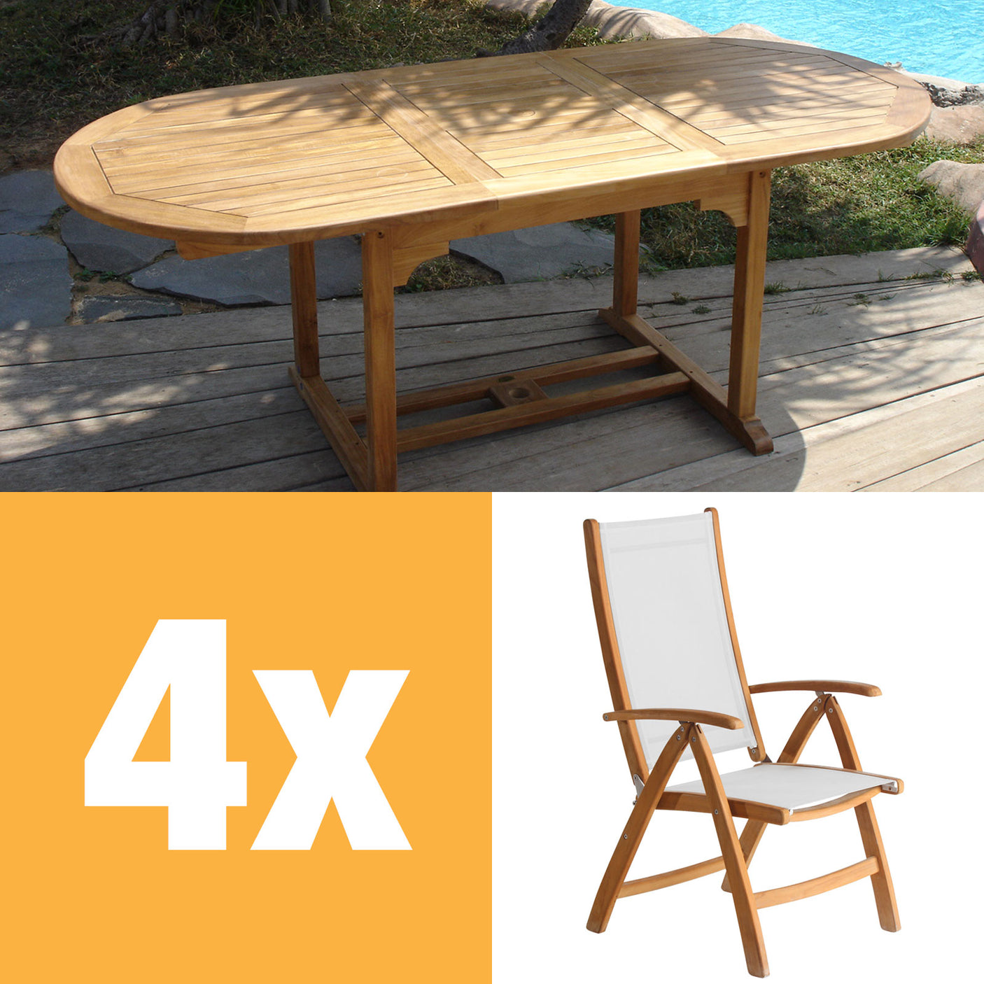 Rivera high-back chair set 240 consisting of Denver extendable table 240/180 x 100 and Rivera high-back chairs teak with Batyline and stainless steel fittings