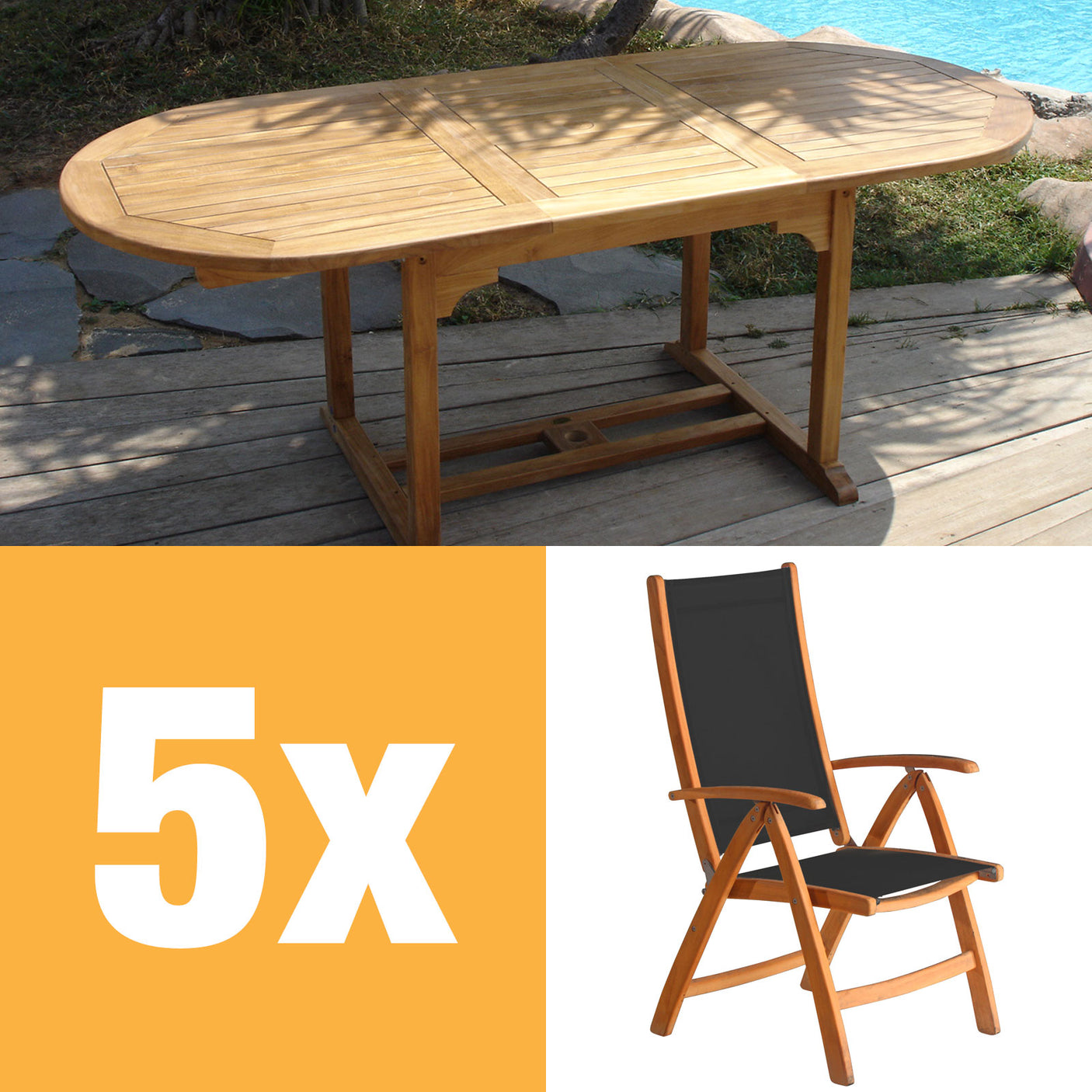 Rivera high-back chair set 240 consisting of Denver extendable table 240/180 x 100 and Rivera high-back chairs teak with Batyline and stainless steel fittings