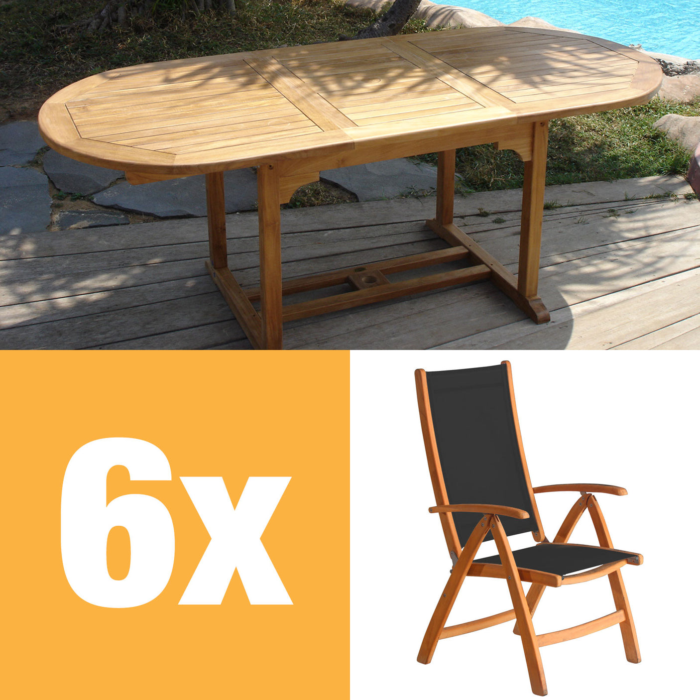 Rivera high-back chair set 240 consisting of Denver extendable table 240/180 x 100 and Rivera high-back chairs teak with Batyline and stainless steel fittings