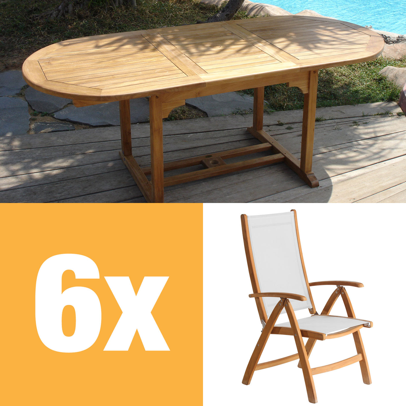 Rivera high-back chair set 240 consisting of Denver extendable table 240/180 x 100 and Rivera high-back chairs teak with Batyline and stainless steel fittings