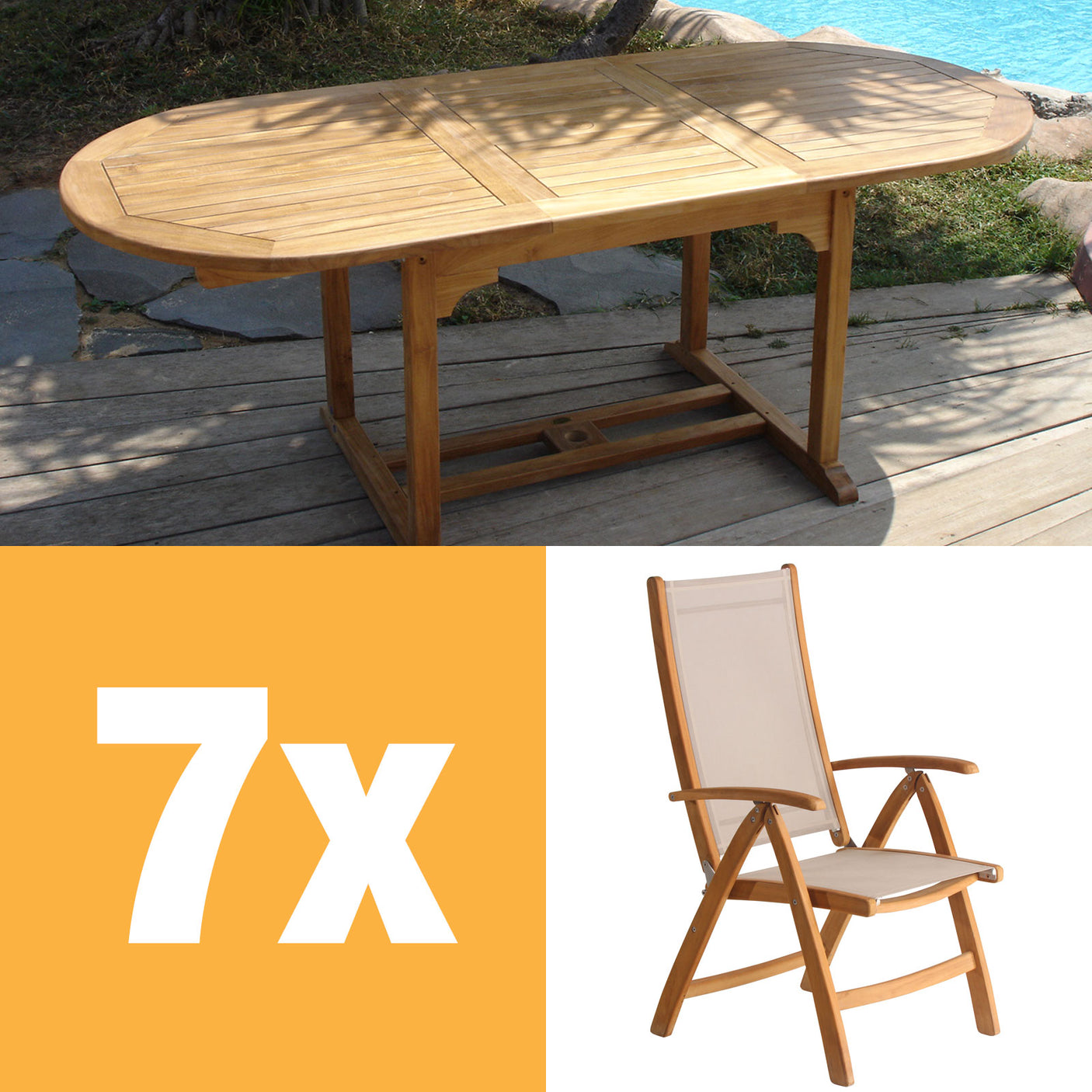 Rivera high-back chair set 240 consisting of Denver extendable table 240/180 x 100 and Rivera high-back chairs teak with Batyline and stainless steel fittings