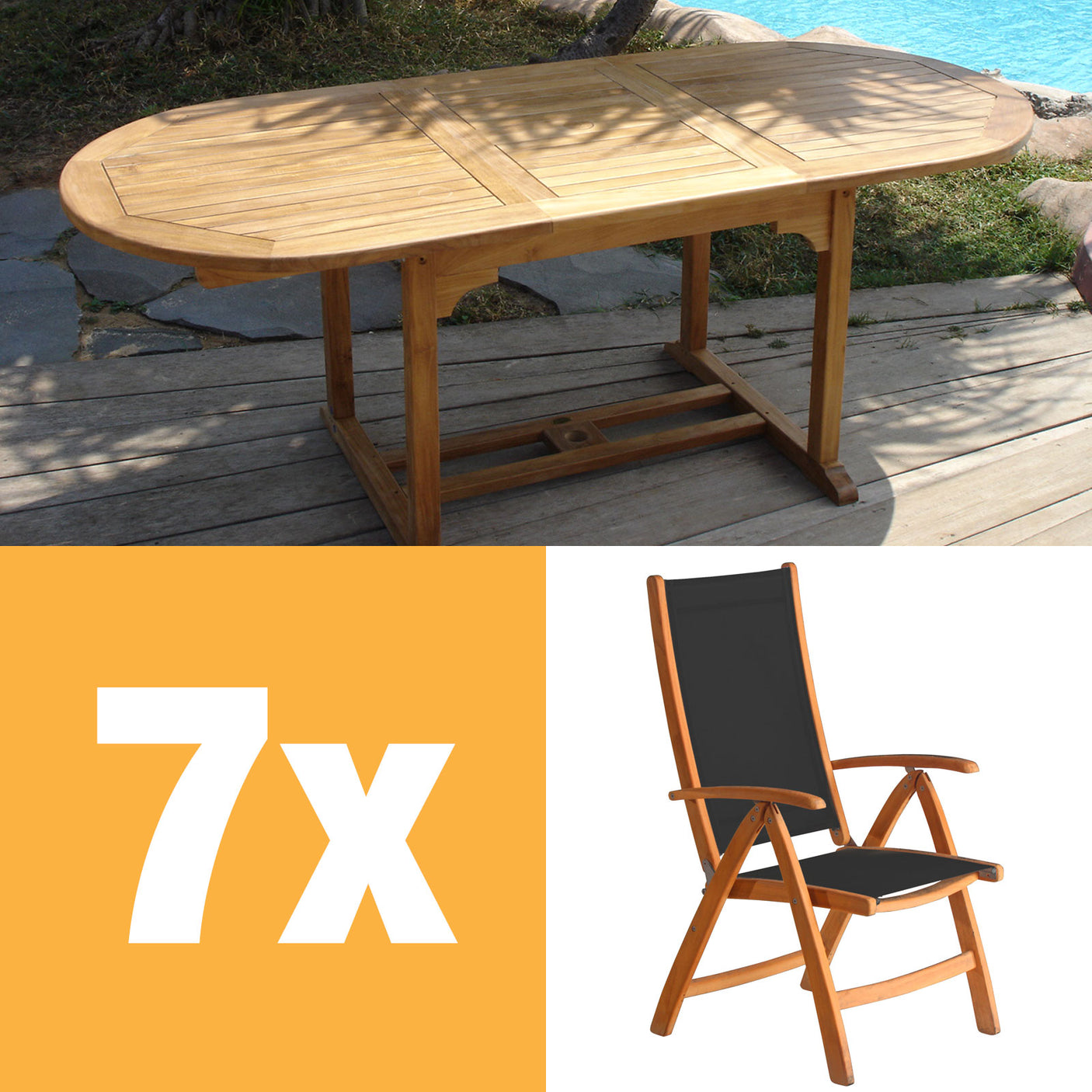 Rivera high-back chair set 240 consisting of Denver extendable table 240/180 x 100 and Rivera high-back chairs teak with Batyline and stainless steel fittings