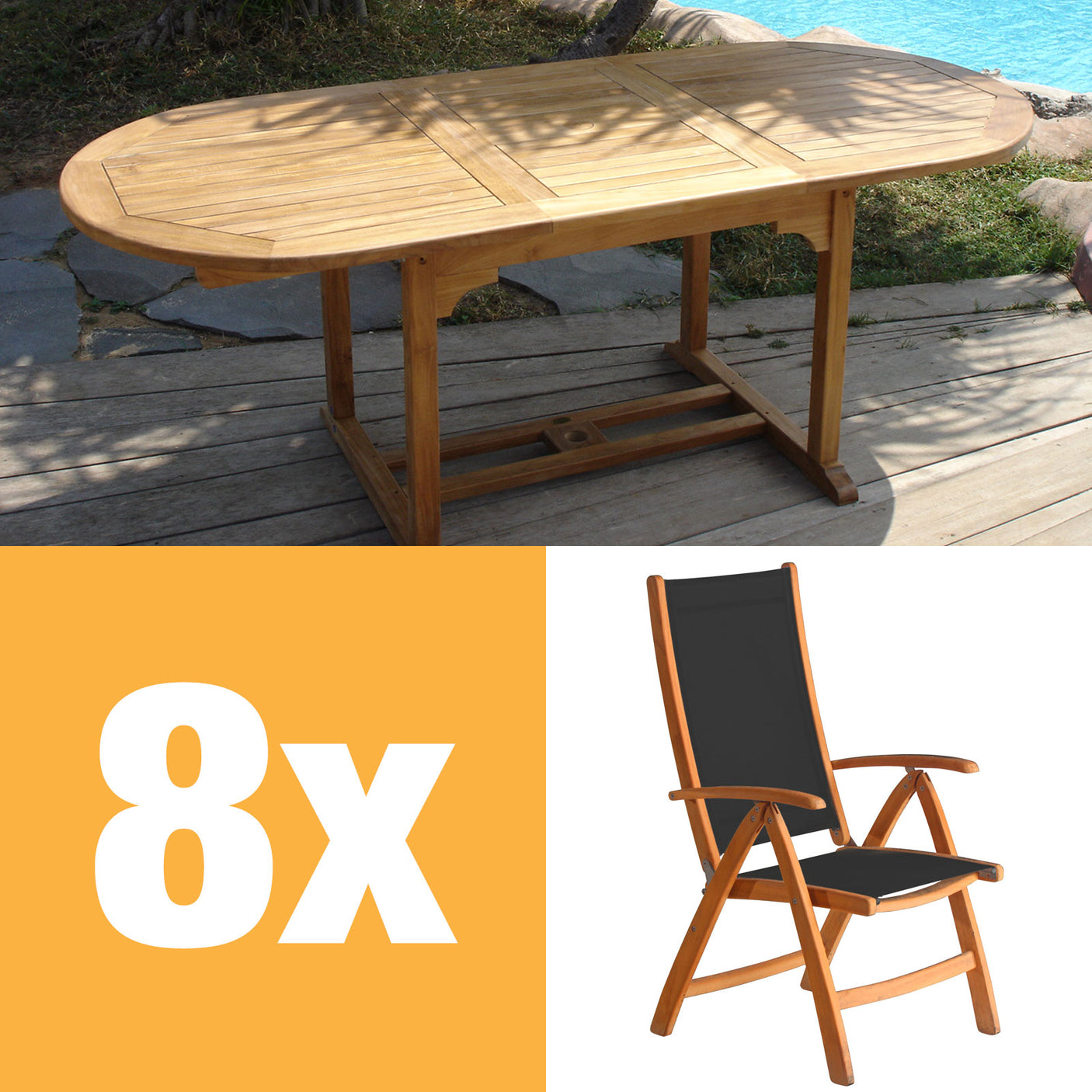 Rivera high-back chair set 240 consisting of Denver extendable table 240/180 x 100 and Rivera high-back chairs teak with Batyline and stainless steel fittings