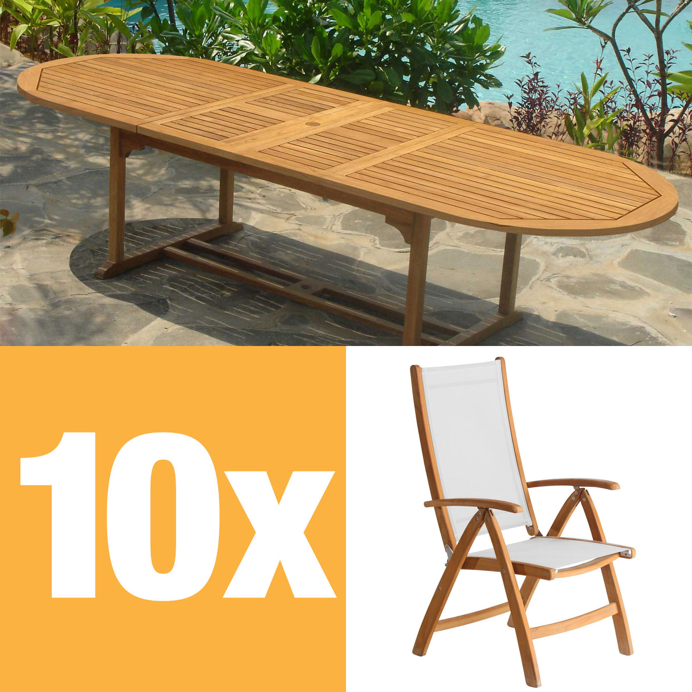 Rivera high back chair set 300 consisting of Denver double extendable table 300/260/220x110 and Rivera high back chairs teak with Batyline and stainless steel fittings