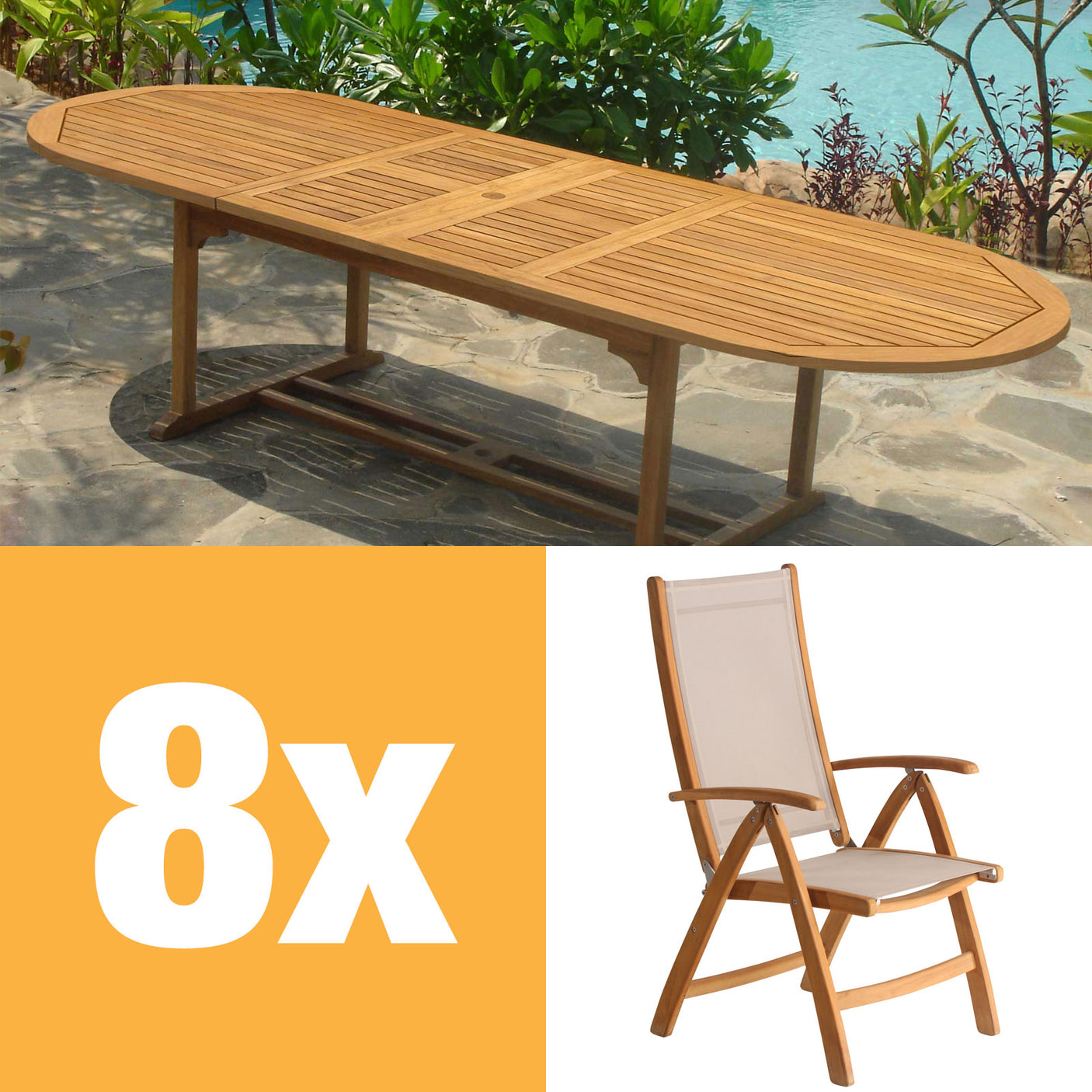 Rivera high back chair set 300 consisting of Denver double extendable table 300/260/220x110 and Rivera high back chairs teak with Batyline and stainless steel fittings