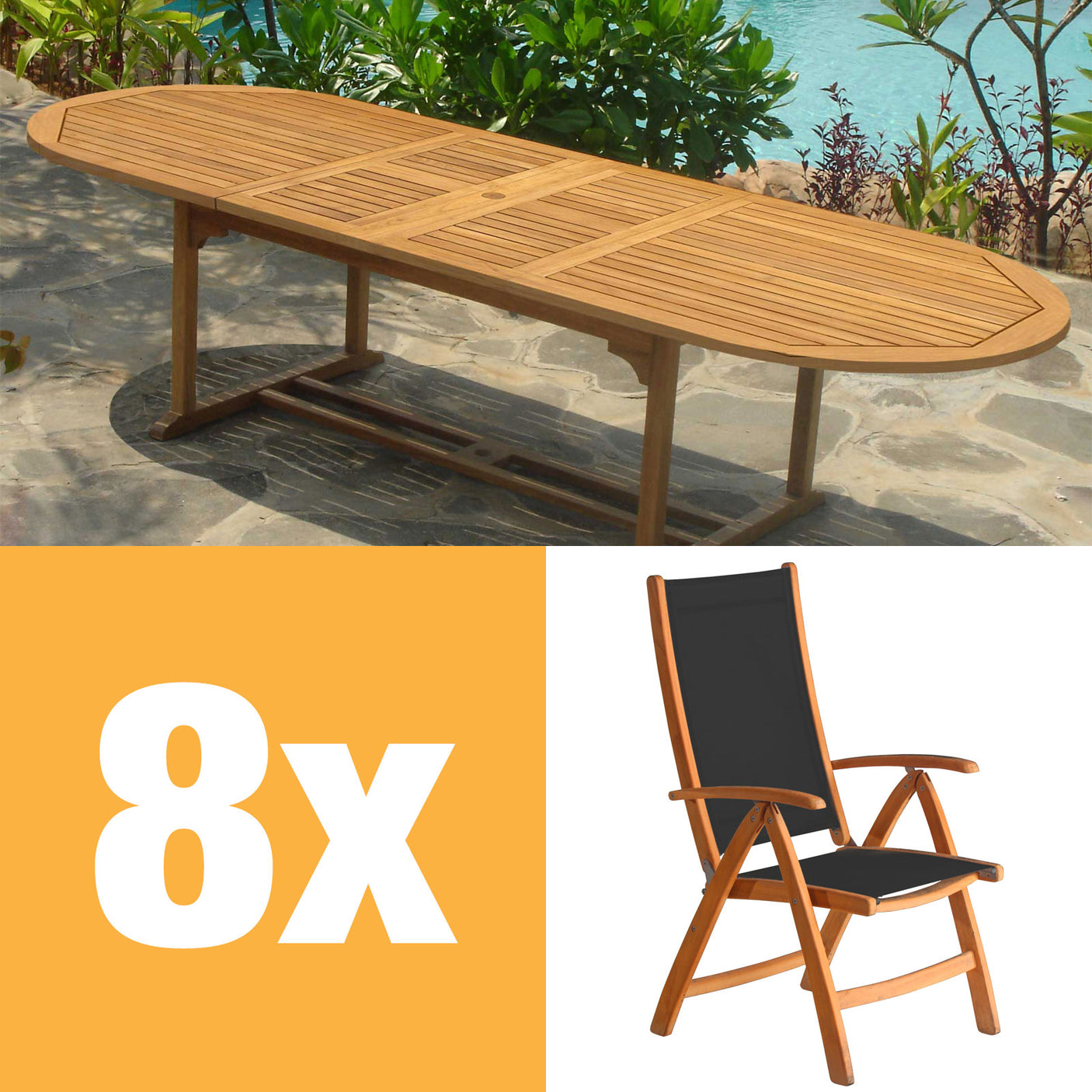 Rivera high back chair set 300 consisting of Denver double extendable table 300/260/220x110 and Rivera high back chairs teak with Batyline and stainless steel fittings